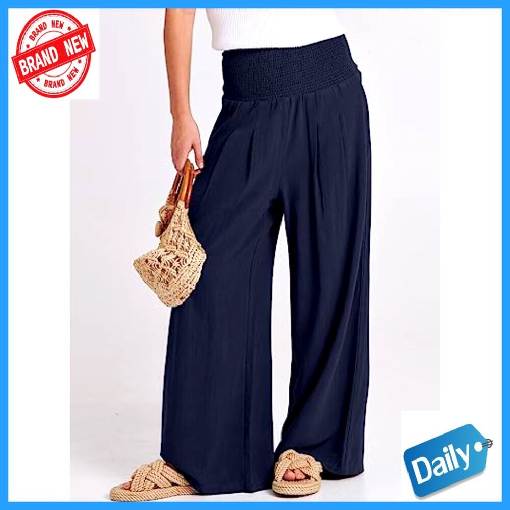 Linen Palazzo Pants Wide Leg High Waist Casual Lounge Pants - Picture 2 of 7